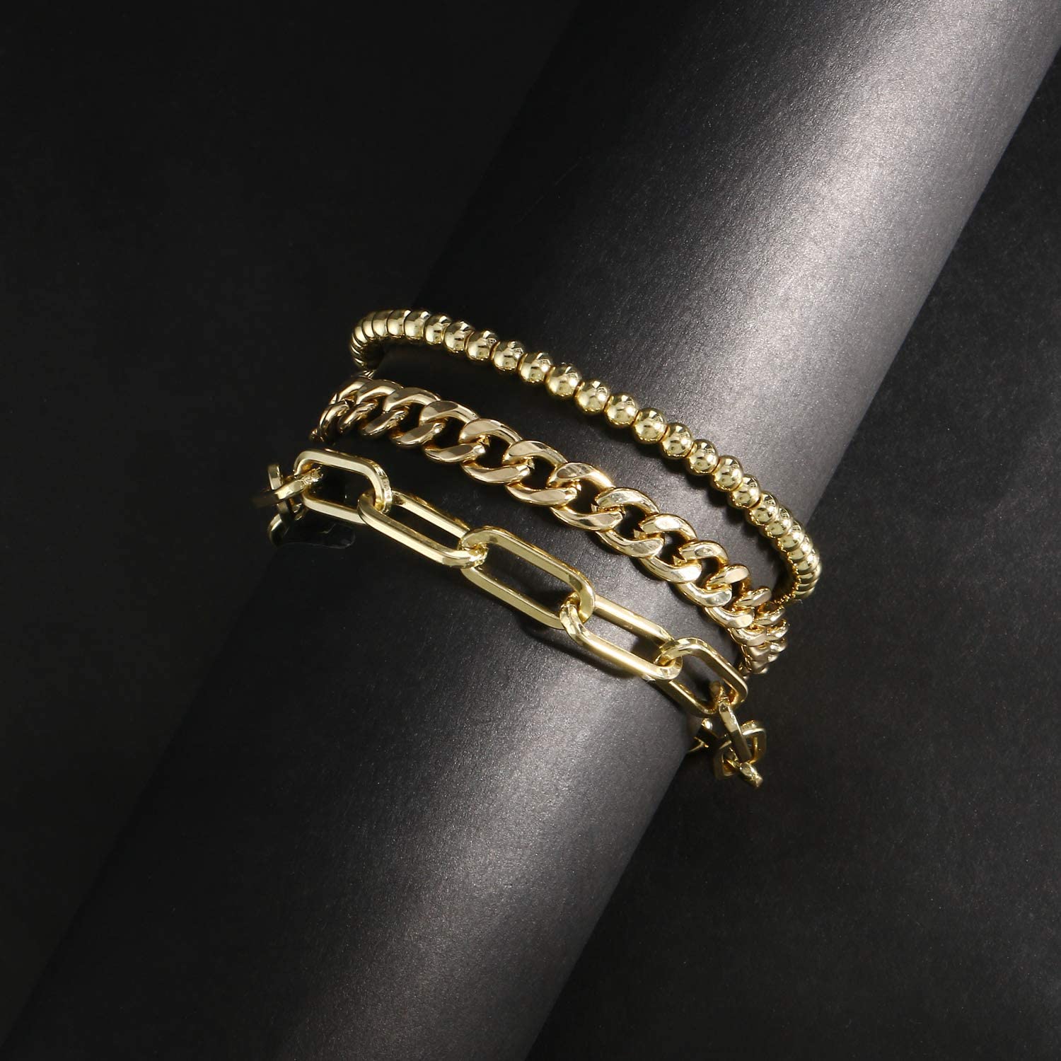 CONRAN KREMIX Gold Chain Bracelet Sets for Women Girls 14K Gold Plated Dainty Link Paperclip Bracelets Stake Adjustable Layered Metal Link Bracelet Set Fashion Jewelry - Image 3